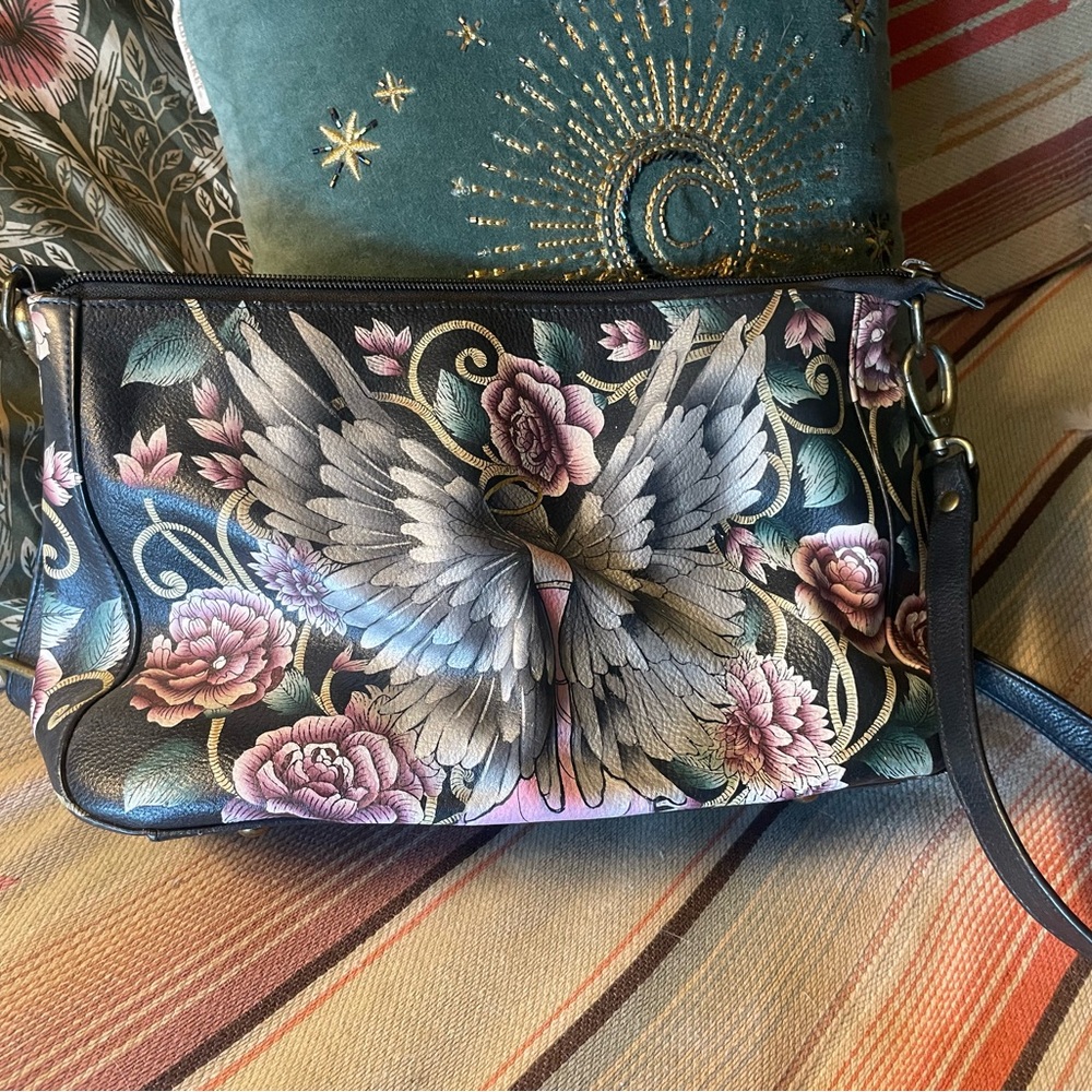 Anuschka Black Bag with Pink Floral and Wing Design - Picture 3 of 5